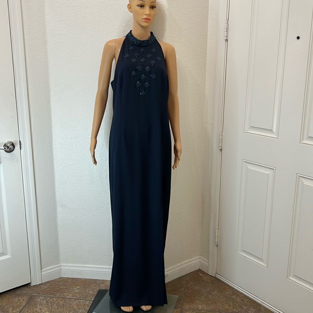 Creative Creations Woman’s Navy Blue Dress Size 16 Beaded Zipper Back Maxi Lined
